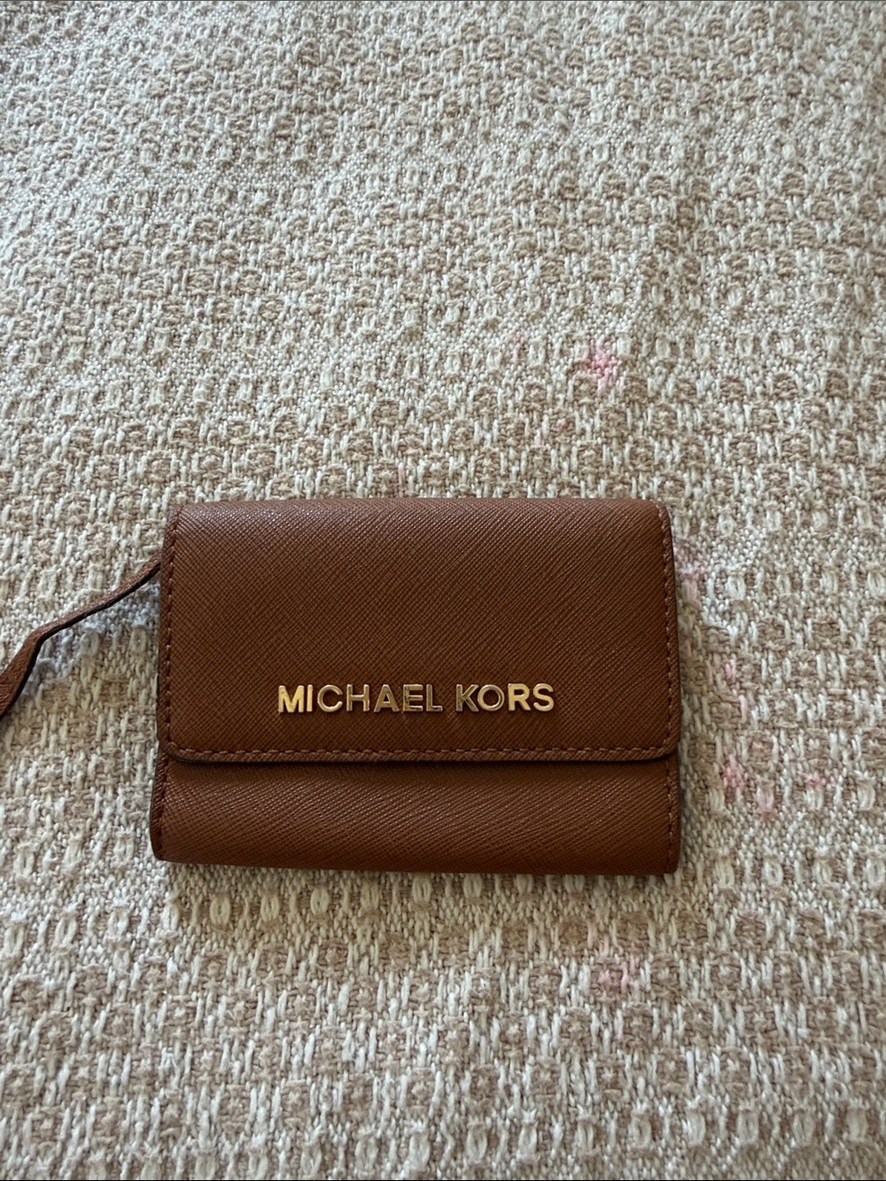 Michael Kors Brown Saffiano Leather Card Holder Wallet with Gold Logo